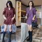 Colorful Butterfly Dreams Embroidered Suit shown in both dark red and purple colors, styled indoors with boots