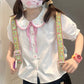 Doodle Darling Collar Blouse in white with pastel embroidered collar, pink gingham trim, and puff sleeves