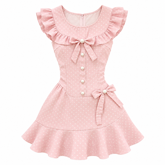 A flat lay of the Dotted Darling Dress, a pink polka-dot mini dress, on a white background.