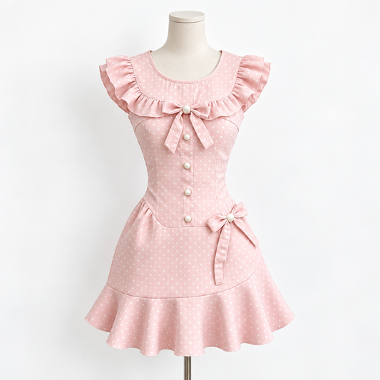 The Dotted Darling Dress, a pink polka-dot mini dress, on a mannequin.