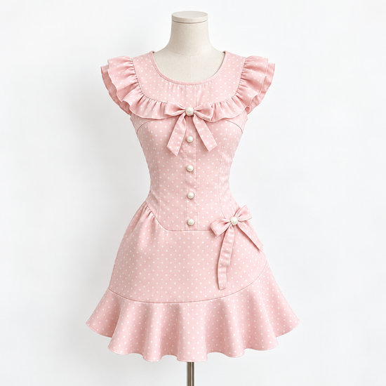 The Dotted Darling Dress, a pink polka-dot mini dress, on a mannequin.