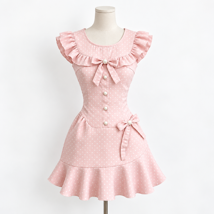 The Dotted Darling Dress, a pink polka-dot mini dress, on a mannequin.
