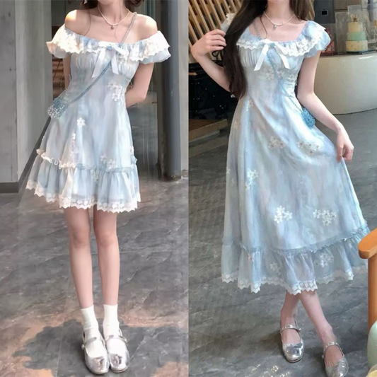 Side-by-side photos of two models wearing the mini and midi versions of the Ethereal Flower Princess Dress.