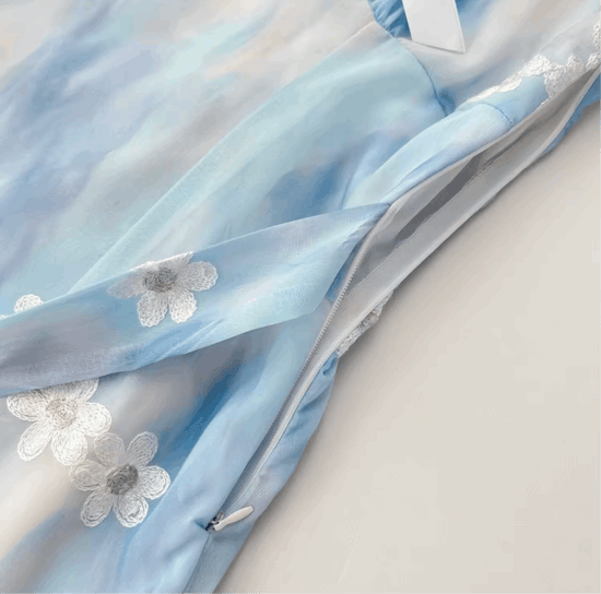 Close-up of the side zipper detail on the mini Ethereal Flower Princess Dress.