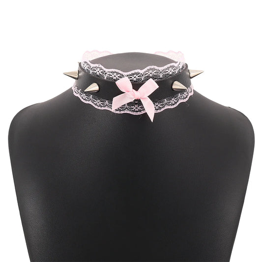 Dangerous Woman Spiked Bow Lace Choker