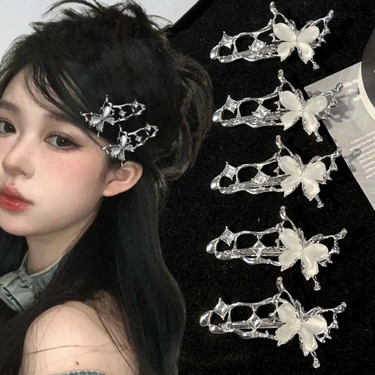 Model wearing the Liquid Metal Butterfly Hair Clip on dark hair, showcasing silver metallic butterflies along the side.