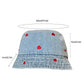 A size guide image for the Love Stitch Denim Bucket Hat displaying measurements for brim width and head circumference.