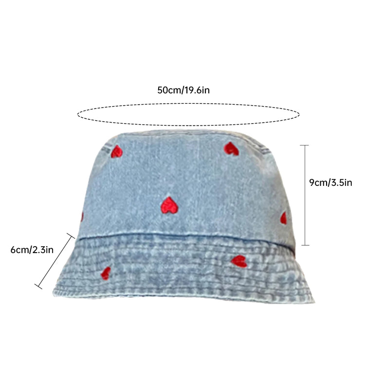 A size guide image for the Love Stitch Denim Bucket Hat displaying measurements for brim width and head circumference.