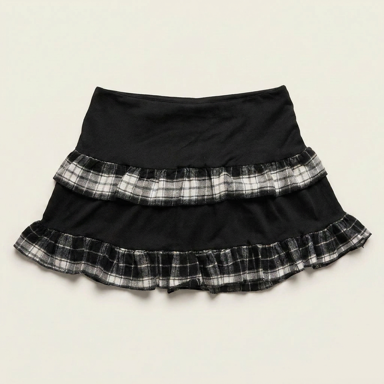 Back flat lay of the Lovestruck Skull Skort, showcasing its smooth waistband and plaid ruffle hem.