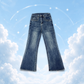 Main Mood Cloud-Stretch Flare Jeans displayed against a dreamy cloud-inspired background.