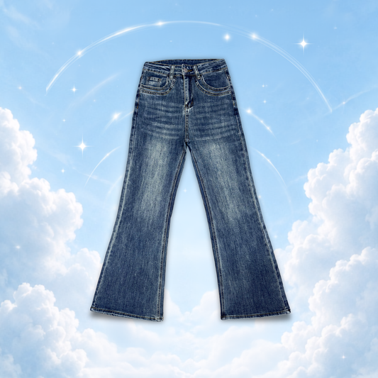 Main Mood Cloud-Stretch Flare Jeans displayed against a dreamy cloud-inspired background.
