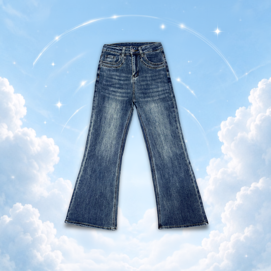 Main Mood Cloud-Stretch Flare Jeans displayed against a dreamy cloud-inspired background.
