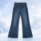 Blue high-rise flare jeans displayed against a dreamy cloud-inspired background.