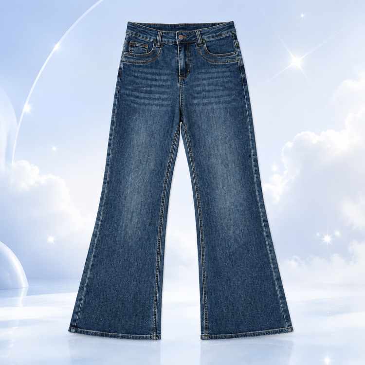 Blue high-rise flare jeans displayed against a dreamy cloud-inspired background.