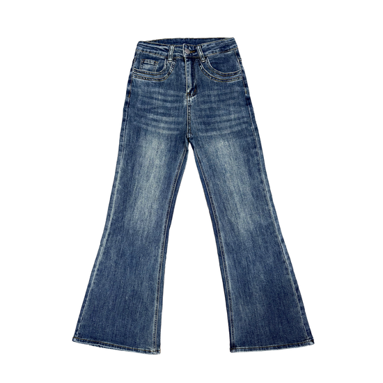 Front view of the Main Mood Cloud-Stretch Flare Jeans in classic denim blue.