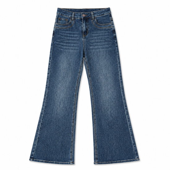 Front view of the Main Mood Cloud-Stretch Flare Jeans in classic denim blue.
