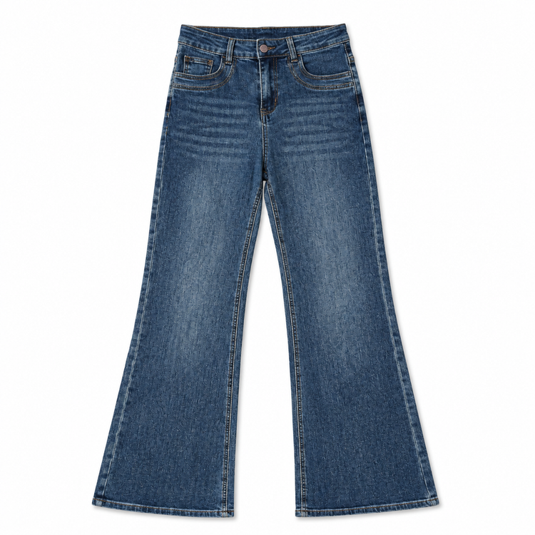 Front view of the Main Mood Cloud-Stretch Flare Jeans in classic denim blue.