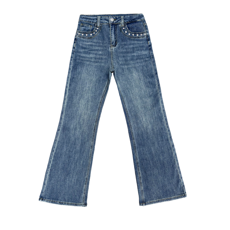 Front view of the Main Mood Cloud-Stretch Flare Jeans in the style Starstruck with star studs outlining the front pockets.