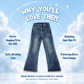 Main Mood Cloud-Stretch Flare Jeans centered on a light blue sky background with clouds and decorative text highlighting fit and design features. Visible text includes 'WHY YOU'LL LOVE THEM' and 'MAIN MOODY CLOUD-STRETCH JEANS' with 'TWO MOODY ORIGINALS: THE LABEL'.