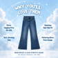 Main Mood Cloud-Stretch Flare Jeans centered on a light blue sky background with clouds and decorative text highlighting fit and design features. Visible text includes 'WHY YOU'LL LOVE THEM' and 'MAIN MOODY CLOUD-STRETCH JEANS' with 'TWO MOODY ORIGINALS: THE LABEL'.