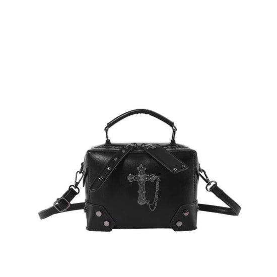 Front product view of the Moonlit Mourning Crossbody with the cross design on a white background.