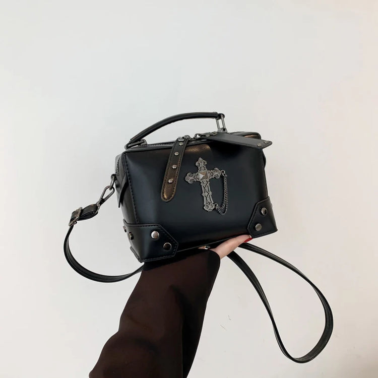 Side view of the Moonlit Mourning Crossbody featuring the cross design.