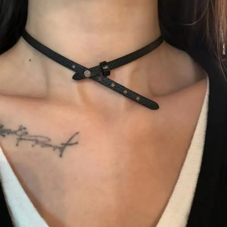 Adjustable black faux leather strap choker from the Obsidian Grace Layered Necklaces.