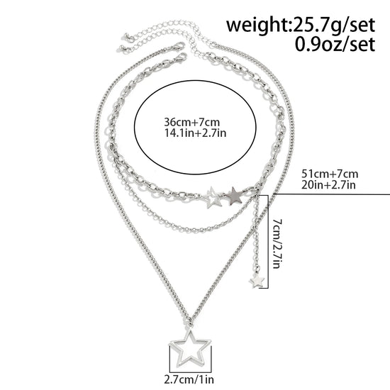 Orbit Dreams Necklace measurements and weight display showing layered chain lengths and star pendant dimensions for the celestial silver necklace