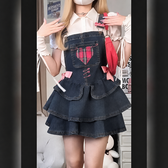 Pocket Full of Love Overall Dress styled with a white blouse and red accessories