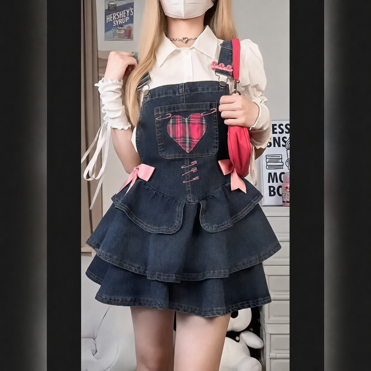 Pocket Full of Love Overall Dress styled with a white blouse and red shoulder bag