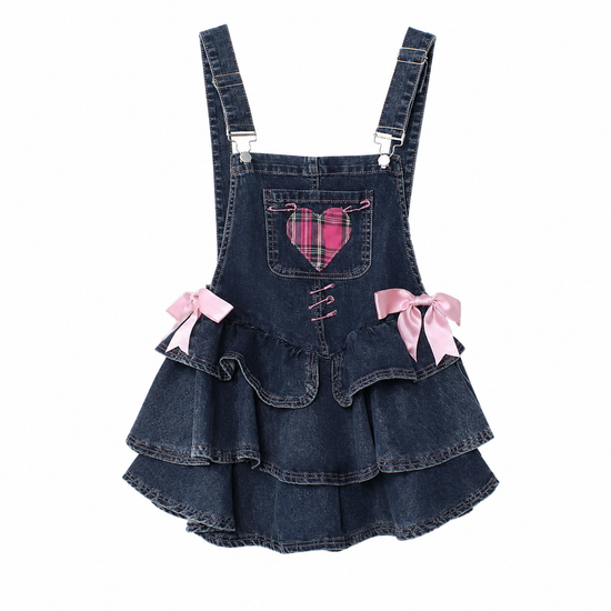 Pocket Full of Love Overall Dress in blue denim with pink plaid heart, bows, and tiered skirt