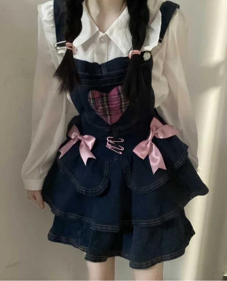 Pocket Full of Love Overall Dress layered over a white long-sleeve blouse, front view