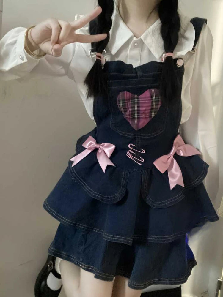 Pocket Full of Love Overall Dress styled with a white blouse and pink bows