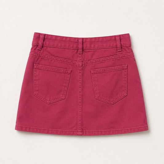 Back view of the Pretty in Pearls Denim Mini Skirt in deep pink denim with back pockets