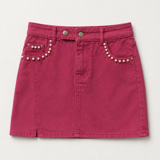 Front view of the Pretty in Pearls Denim Mini Skirt featuring detachable pearl embellishments and double-button closure