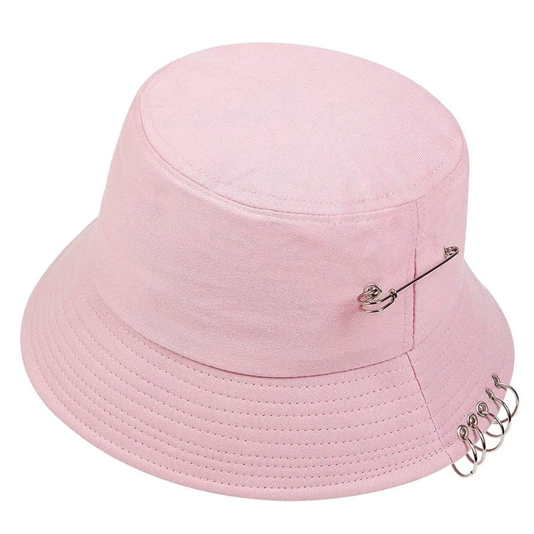 Back view of the Rebel Pin Bucket Hat in pink showing the clean finish and subtle pin detail.