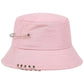 Side view of the Rebel Pin Bucket Hat in pink featuring multiple safety metal rings along the brim.
