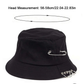 Size guide for the Rebel Pin Bucket Hat showing head circumference measurements and fit details.