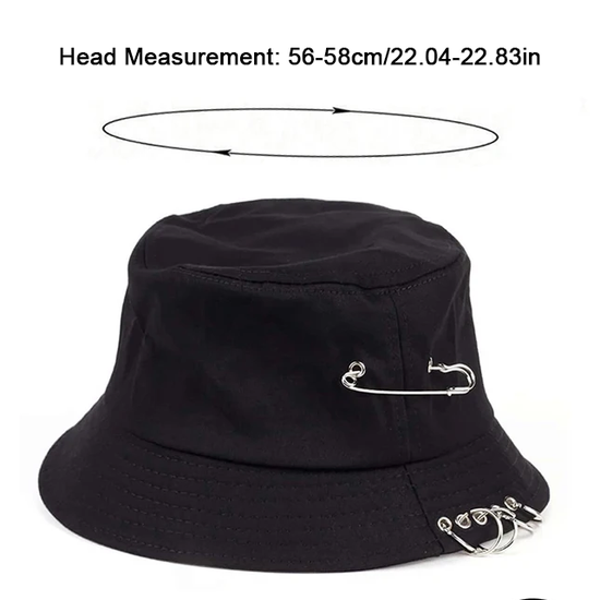 Size guide for the Rebel Pin Bucket Hat showing head circumference measurements and fit details.