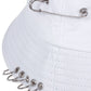 Close-up of the Rebel Pin Bucket Hat in white highlighting the safety pins and stitched brim detail.