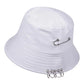 Side angle of the Rebel Pin Bucket Hat in white showcasing the minimalist design with metal pin accents.