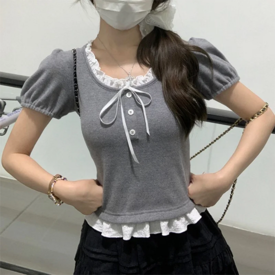 Gray Ribbon Knit Ballet Top featuring fine ribbed knit fabric, ribbon neckline, and slim flattering fit