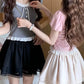 Ribbon Knit Ballet Top shown in pink and gray styled with skirts, highlighting color variations and feminine fit