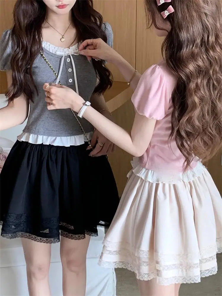 Ribbon Knit Ballet Top shown in pink and gray styled with skirts, highlighting color variations and feminine fit