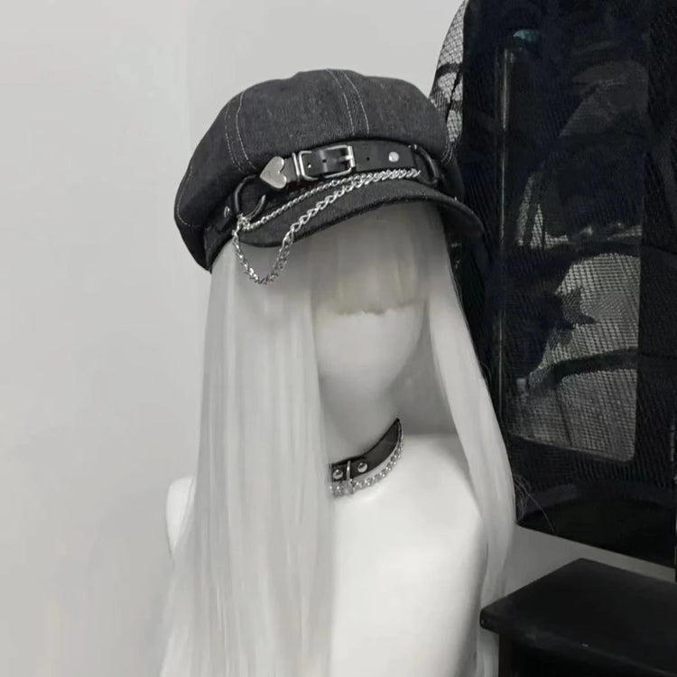 Rogue Chain Newsboy Cap in black with silver chain and heart buckle low angle front view