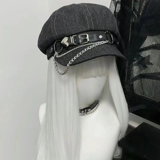 Rogue Chain Newsboy Cap in black denim with silver chain and heart buckle front view