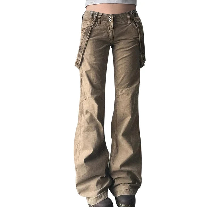 Cutout of the font view of the Rogue Revival Utility Pants with strap accents and flared hem