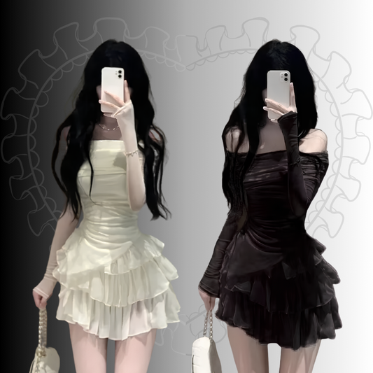 Ruffle Love Two-Piece Set in cream and black, featuring off-shoulder long-sleeve tops with draped detailing and matching tiered ruffle mini bottoms.