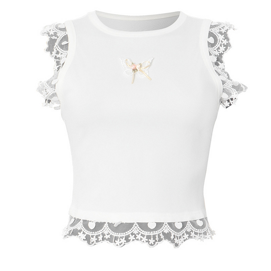 Serene Butterfly Crop Top front view with lace trim and butterfly detail