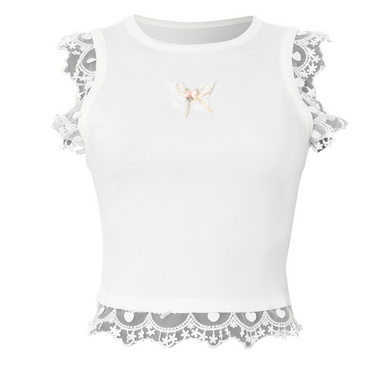 Serene Butterfly Crop Top front view with lace trim and butterfly detail